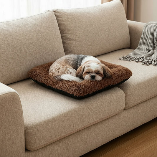 Plush Pet Bed | Soft Faux Fur Mat for Small Dogs & Cats - lifestyle photo with pet using the product