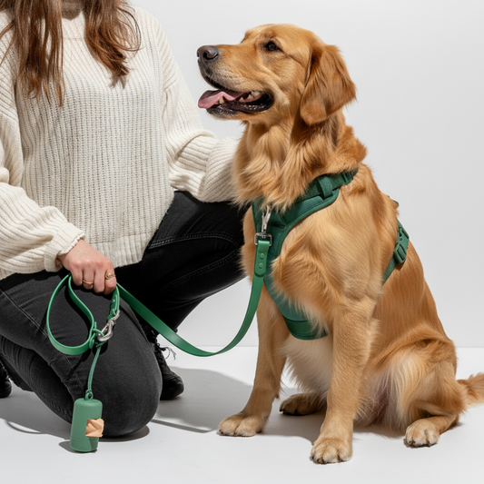 Dog wearing a green harness with a person kneeling beside it on a plain background