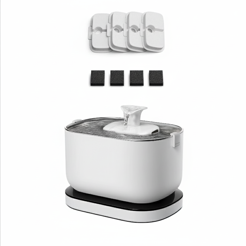 Cordless battery-operated pet water fountain in white, with 4 filters, and with 2.5L capacity for dogs and cats