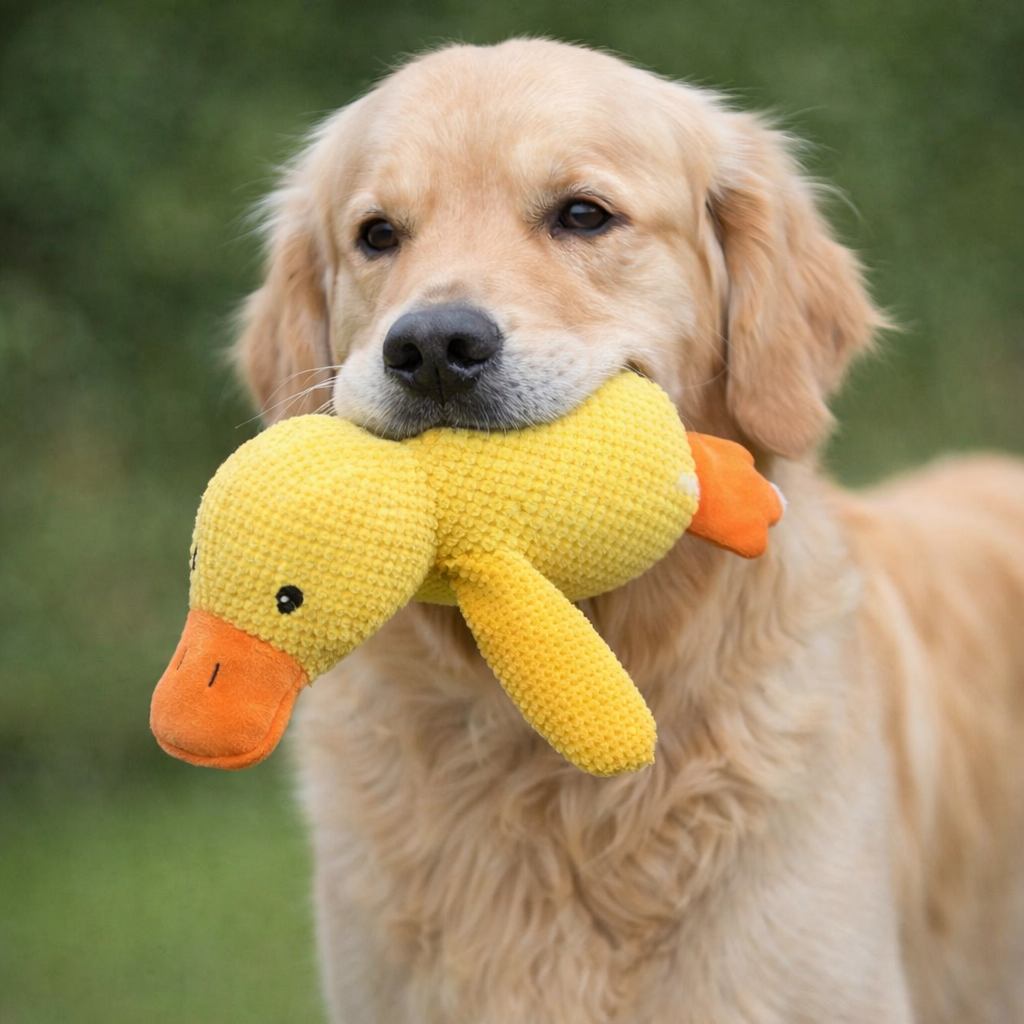 Close-up of Orlo duck toy beak and squeaker feature