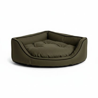 Luxury Overstuffed Corner Dog Bed with Microsuede in olive-coffee - product photo on white background