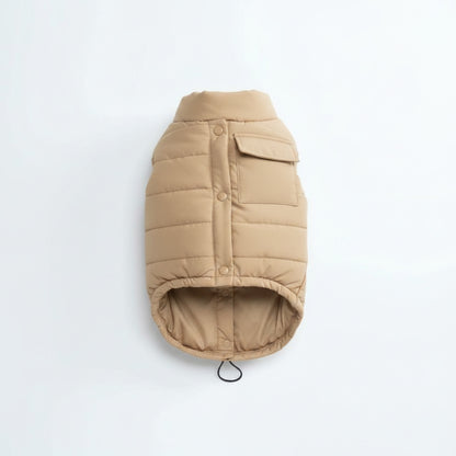 Vero water-resistant dog jacket in tan on white background