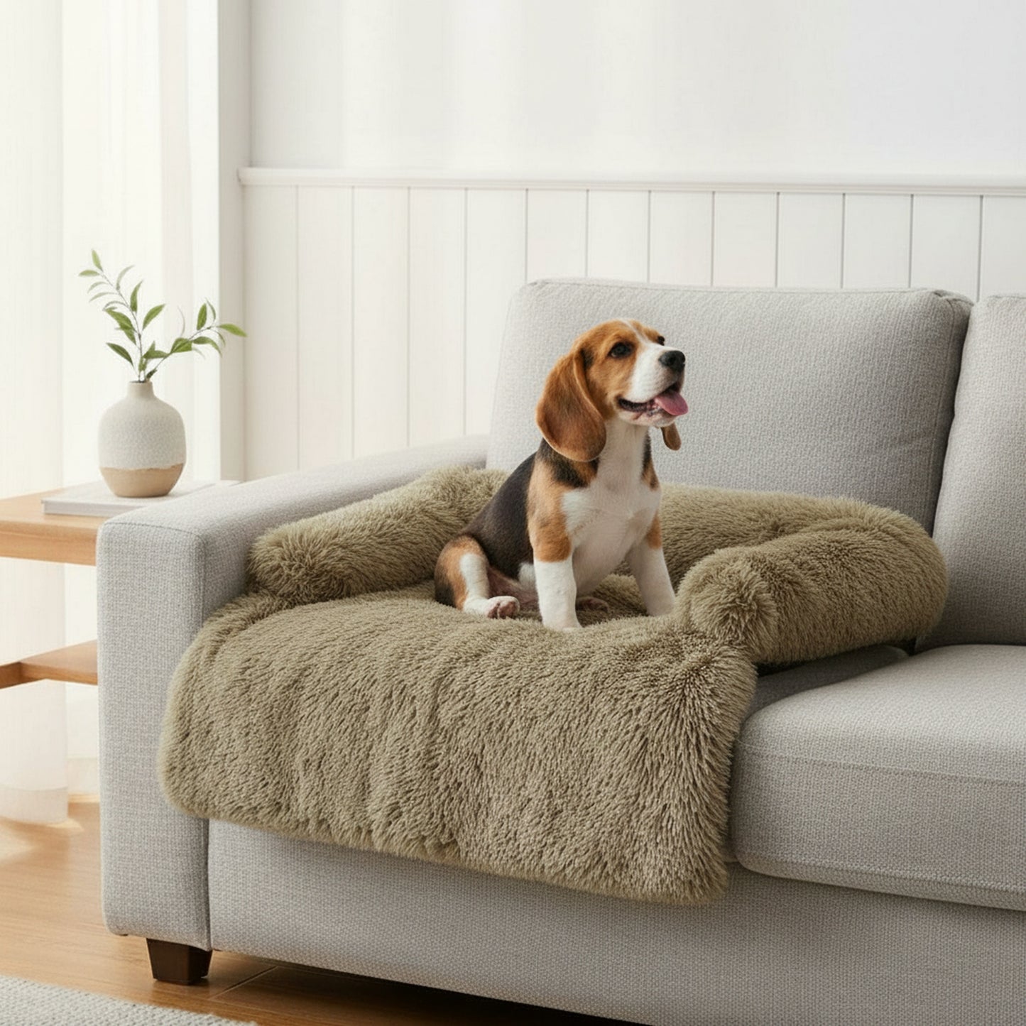 Felo Fleece Couch Protector - Removable & Washable in khaki - product photo on white background