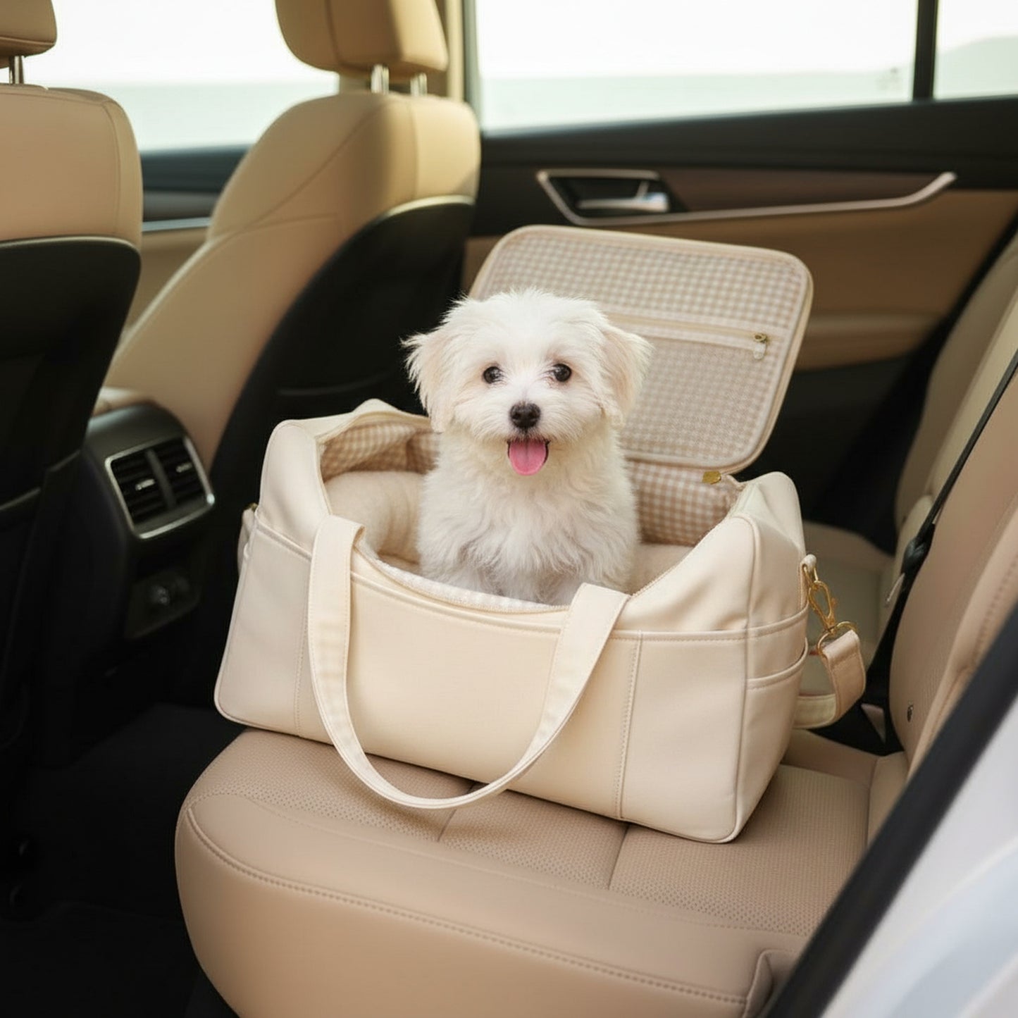 Elio Pet Carrier - Small Dog & Cat Travel Bag with Cushion - lifestyle photo with pet using the product