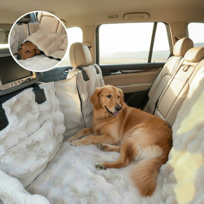 Luxurious Full Backseat Protector (Beige) + Free Calming Blanket - lifestyle photo with pet using the product
