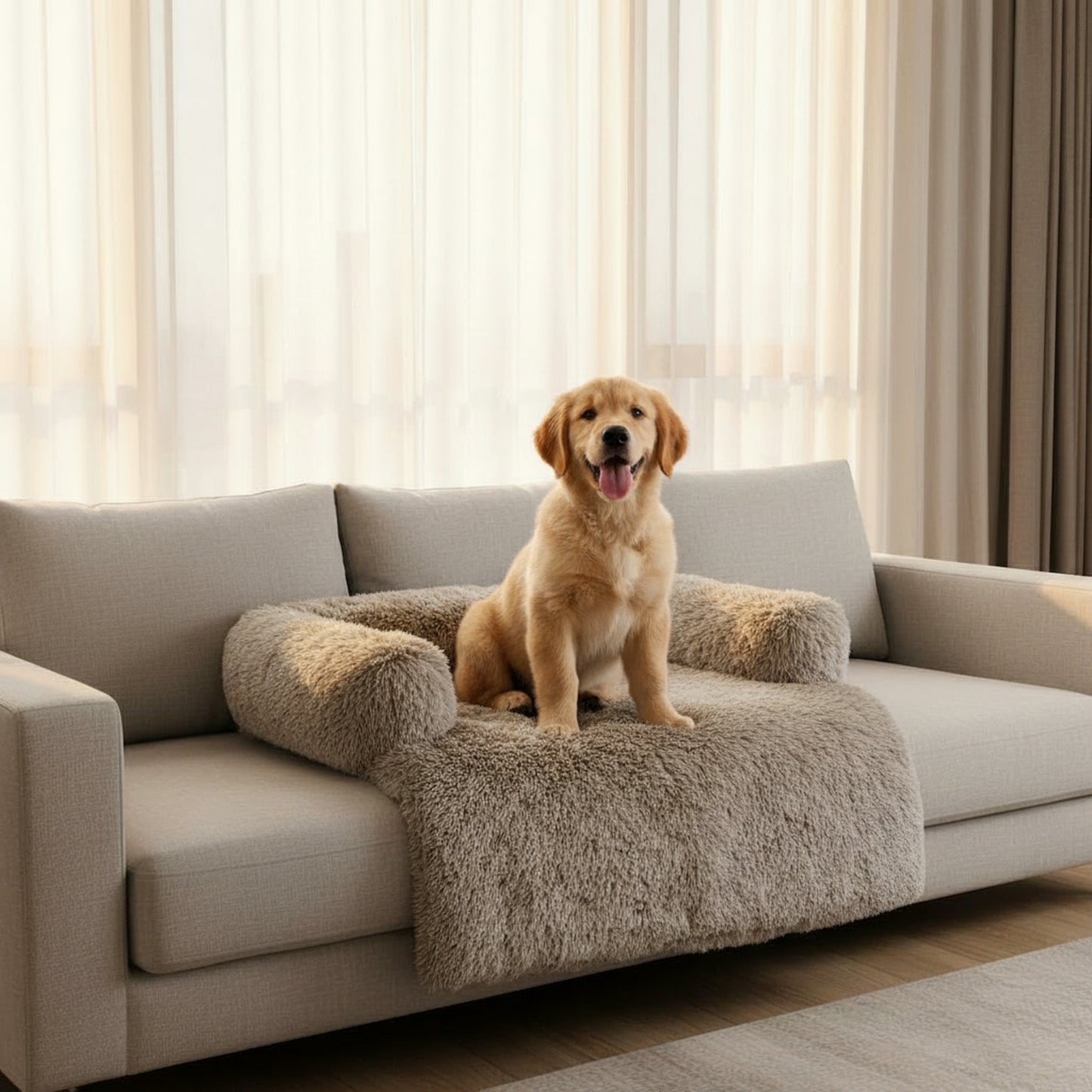 Rivo Round Pet Couch Cushion - Plush Faux Fur - lifestyle photo with pet using the product