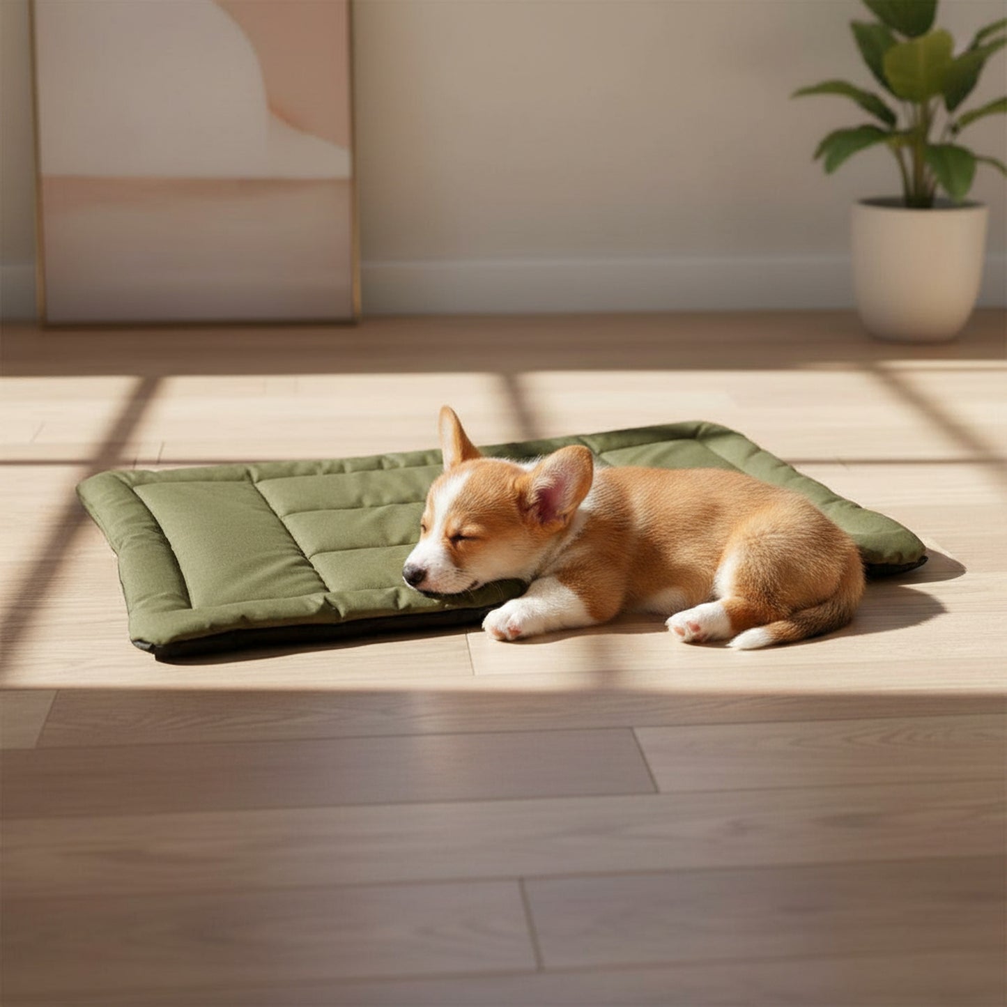 Cove Dog Crate Pad - lifestyle photo with pet using the product