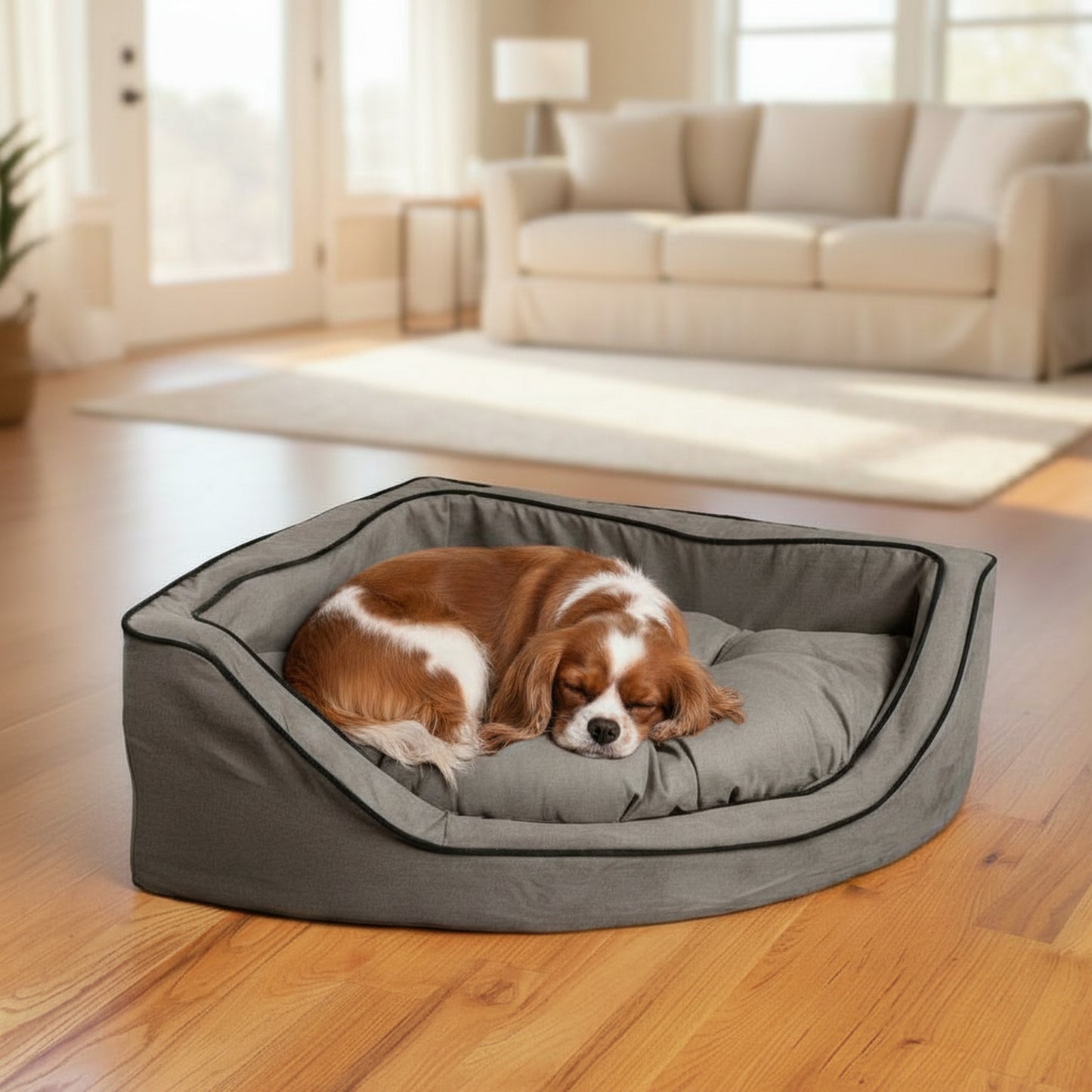 Luxury Overstuffed Corner Dog Bed with Microsuede - lifestyle photo with pet using the product