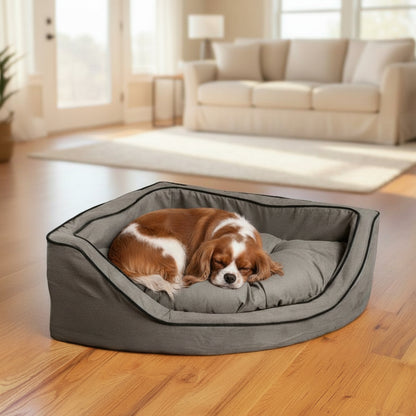 Luxury Overstuffed Corner Dog Bed with Microsuede - lifestyle photo with pet using the product