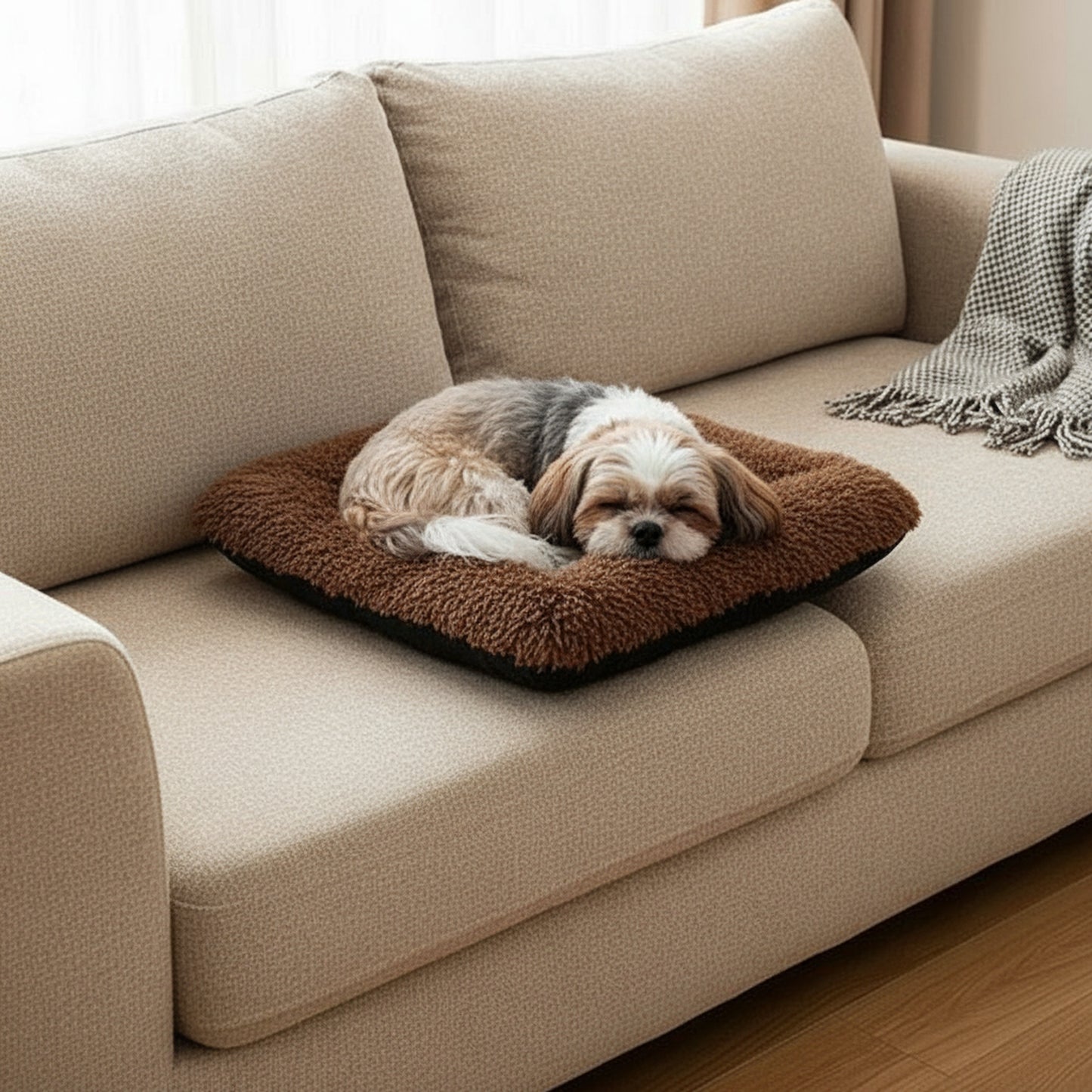 Plush Pet Bed | Soft Faux Fur Mat for Small Dogs & Cats - lifestyle photo with pet using the product