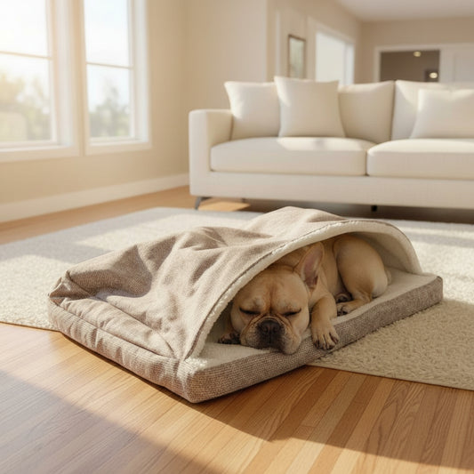 Cova Cave Dog Bed - Hooded Rectangle Bed - lifestyle photo with pet using the product