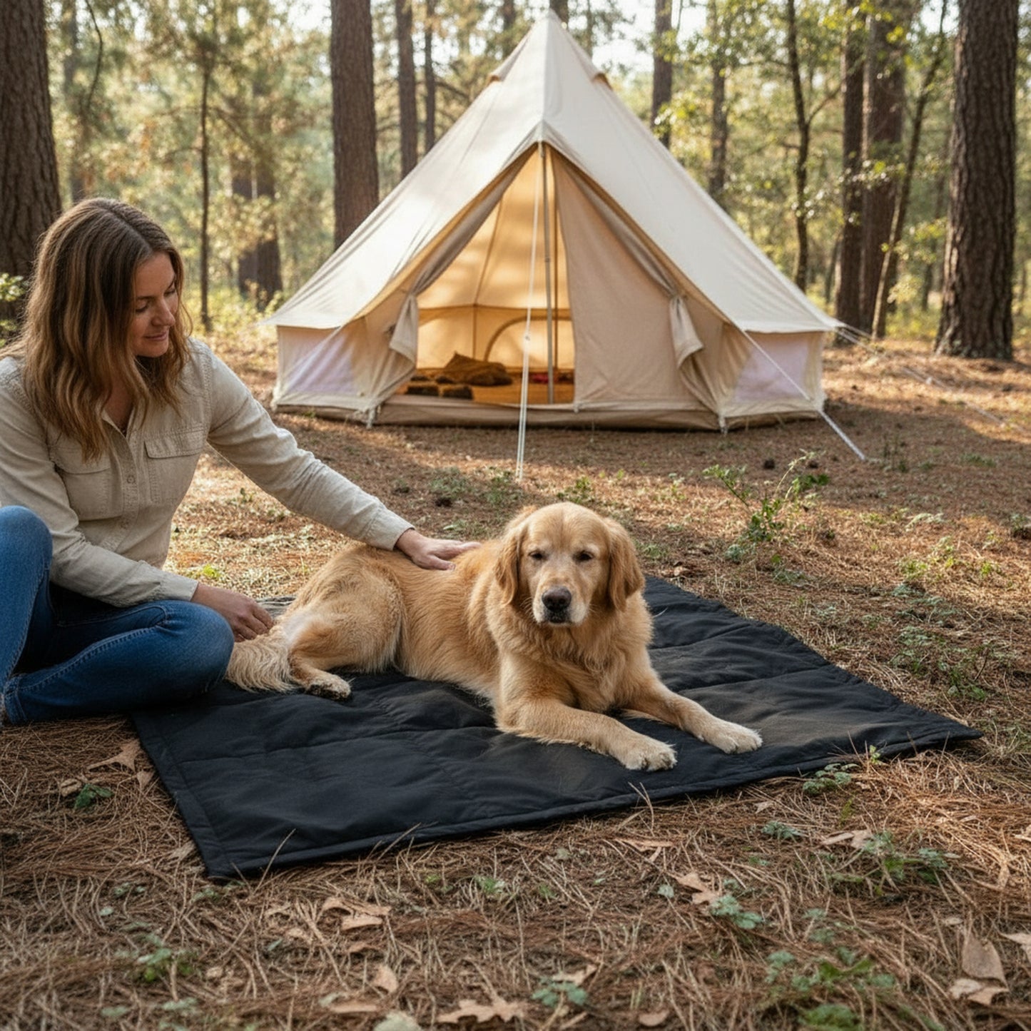 Roam Portable Dog Tarp - lifestyle photo with pet using the product