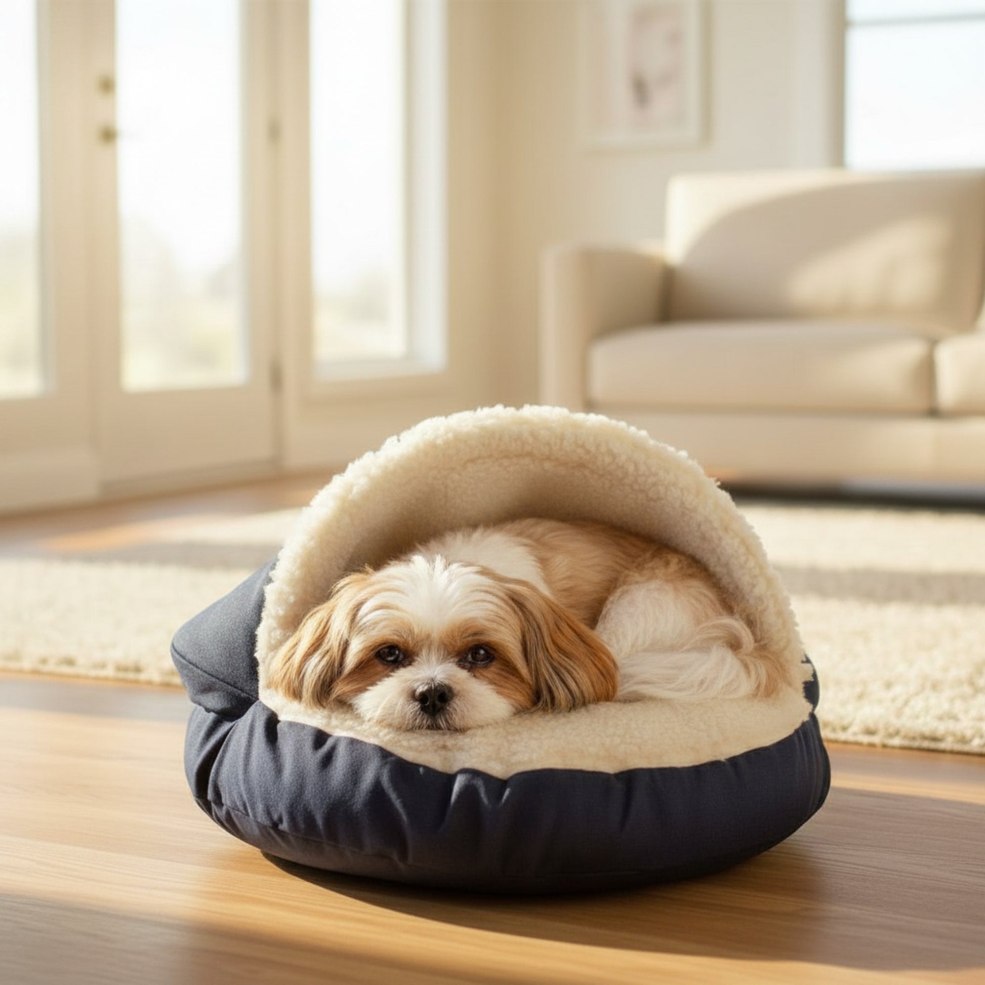 Cozy Cave Warm Pet Bed - lifestyle photo with pet using the product