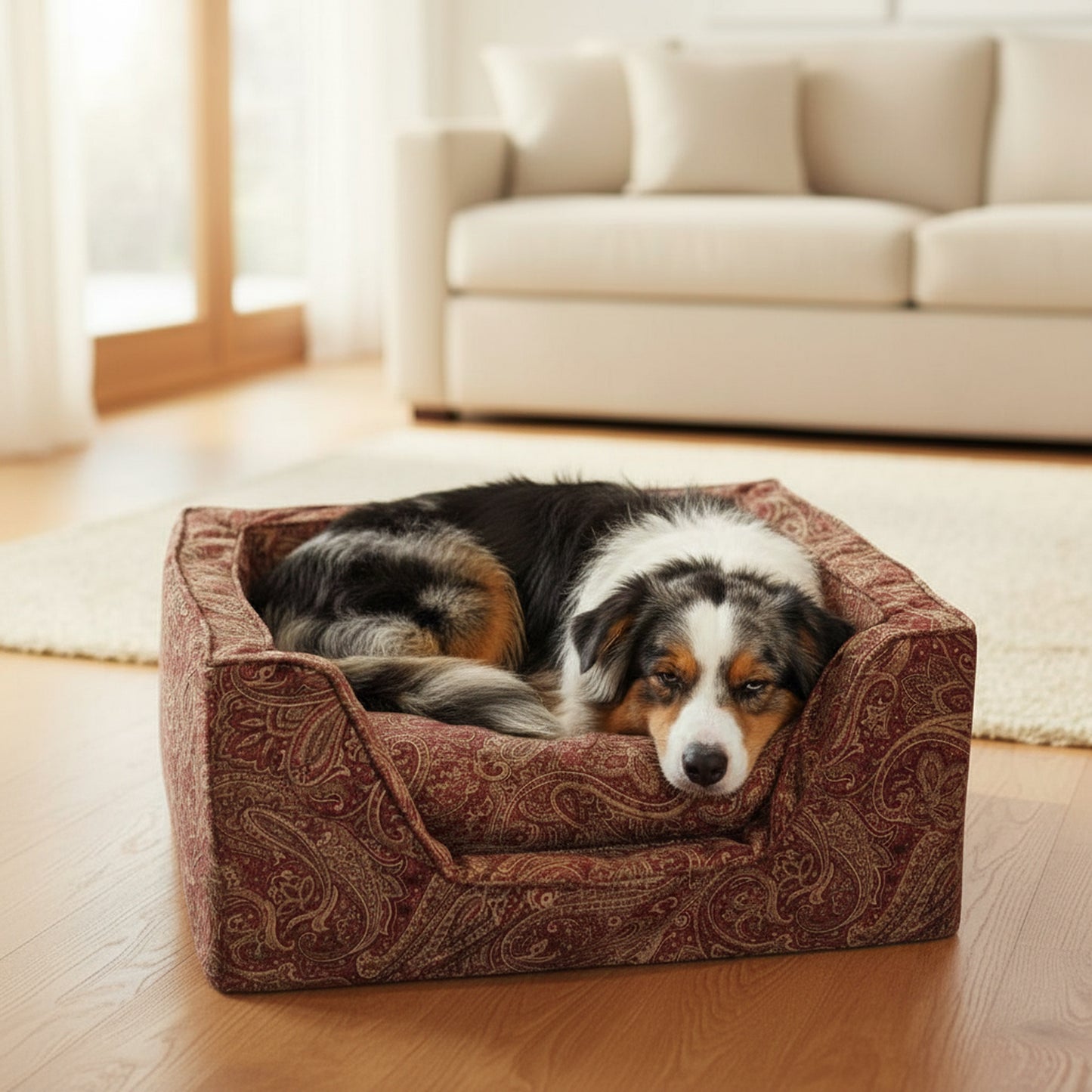 Luxury Square Dog Bed with Microsuede – Show Dog Collection - lifestyle photo with pet using the product