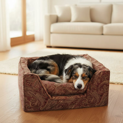 Luxury Square Dog Bed with Microsuede – Show Dog Collection - lifestyle photo with pet using the product