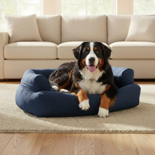 Overstuffed Luxury Dog Sofa - in-use lifestyle photo, real-world setting