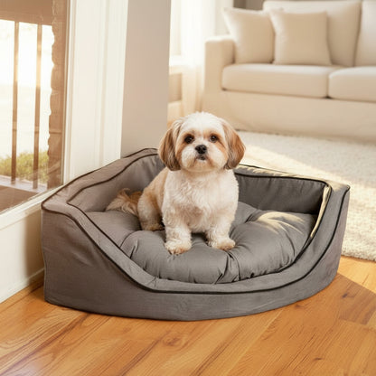 Luxury Overstuffed Corner Dog Bed with Microsuede - in-use lifestyle photo, real-world setting