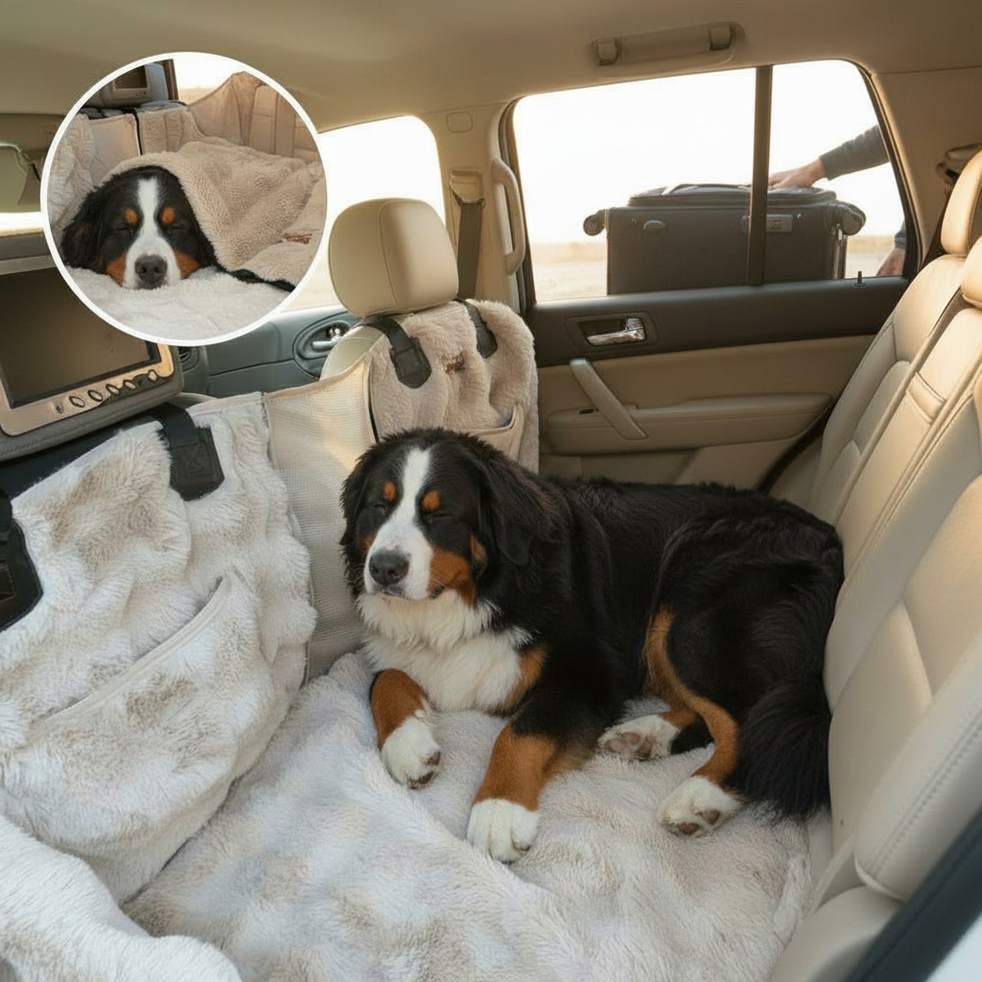 Luxurious Full Backseat Protector (Beige) + Free Calming Blanket - in-use lifestyle photo, real-world setting