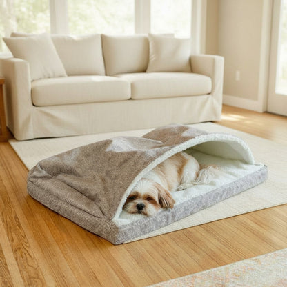 Cova Cave Dog Bed - Hooded Rectangle Bed - in-use lifestyle photo, real-world setting