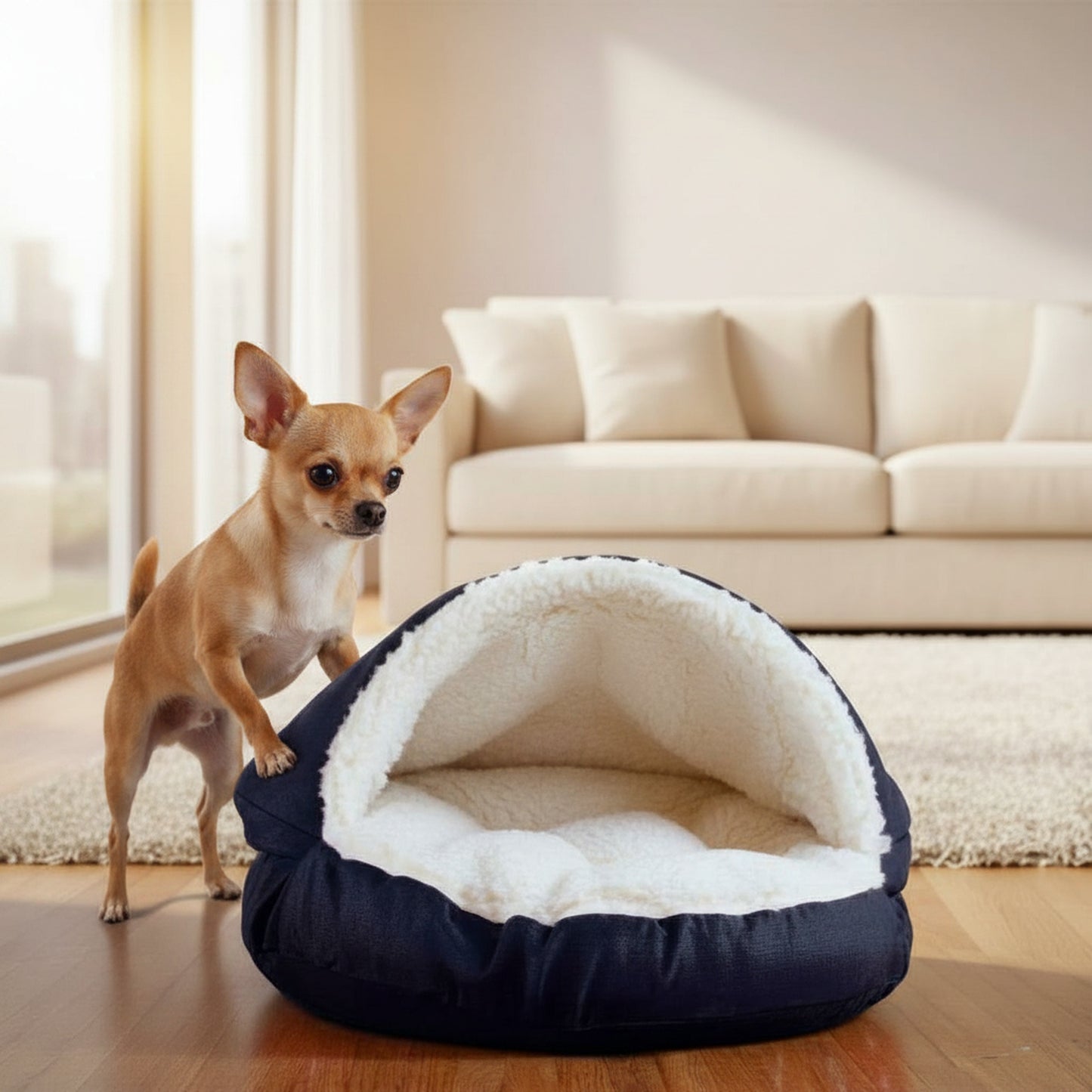 Cozy Cave Warm Pet Bed - in-use lifestyle photo, real-world setting