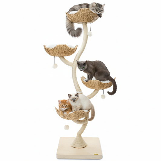 Modern cat tree tower detail view showing sturdy construction and platform spacing