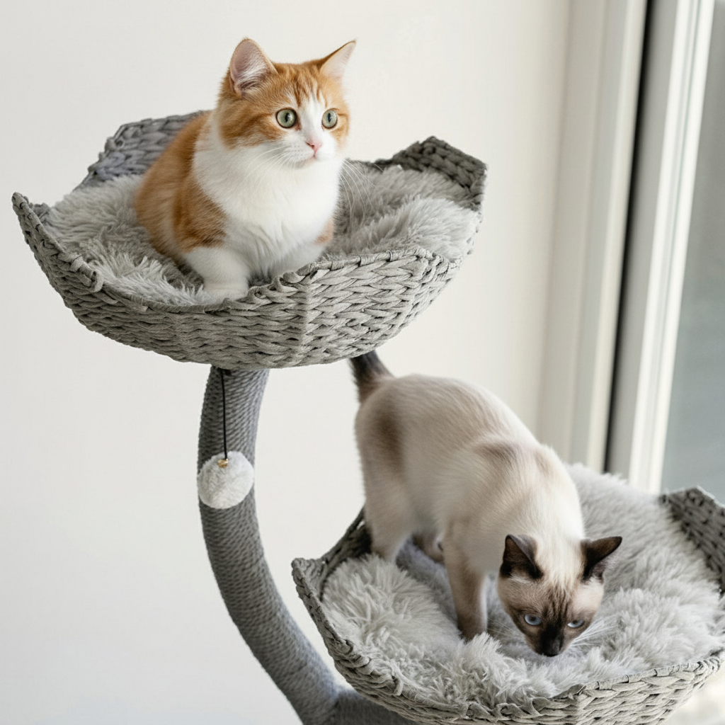 Multi-level cat tree alternative angle - white contemporary cat furniture with integrated scratching posts
