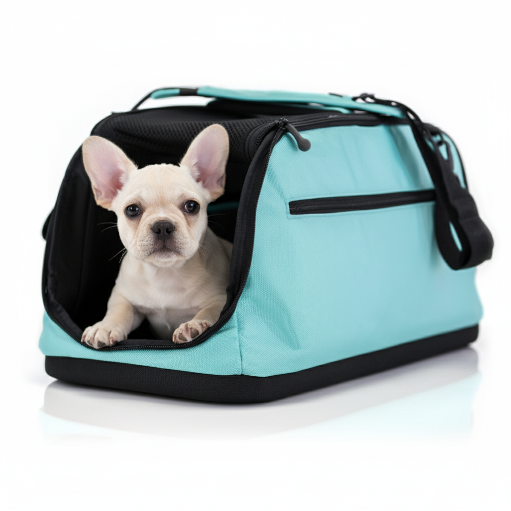 Pet carrier detail view - soft-sided travel carrier showing mesh ventilation and secure zippers