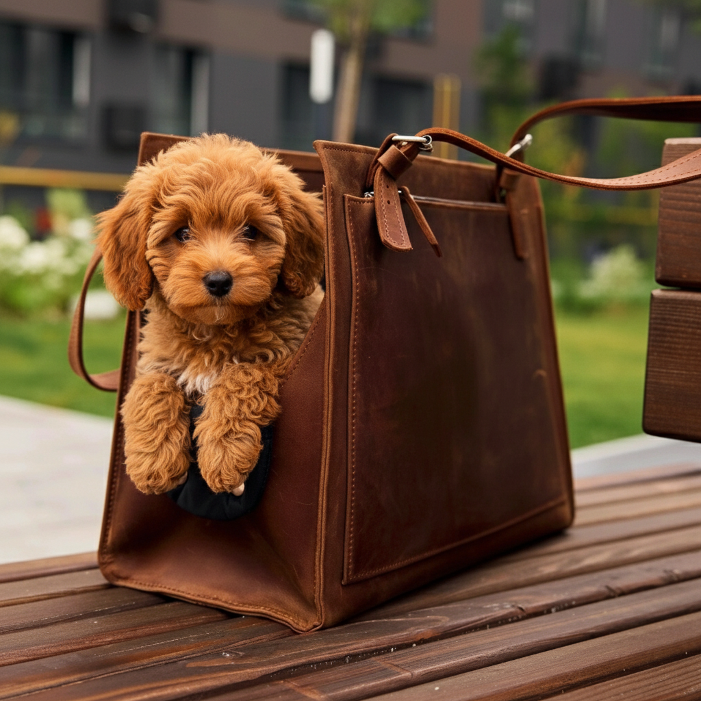 Dog in premium leather-style travel carrier - sized for pets 7-22 lbs