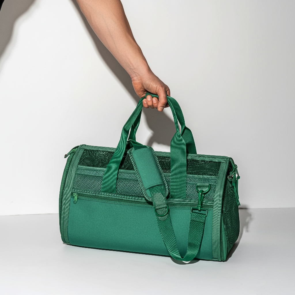 Green pet carrier held by a hand on a white background