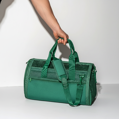 Green pet carrier held by a hand on a white background