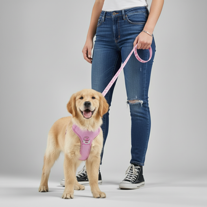 Dog wearing a pink harness standing next to a person holding a pink leash on a gray background