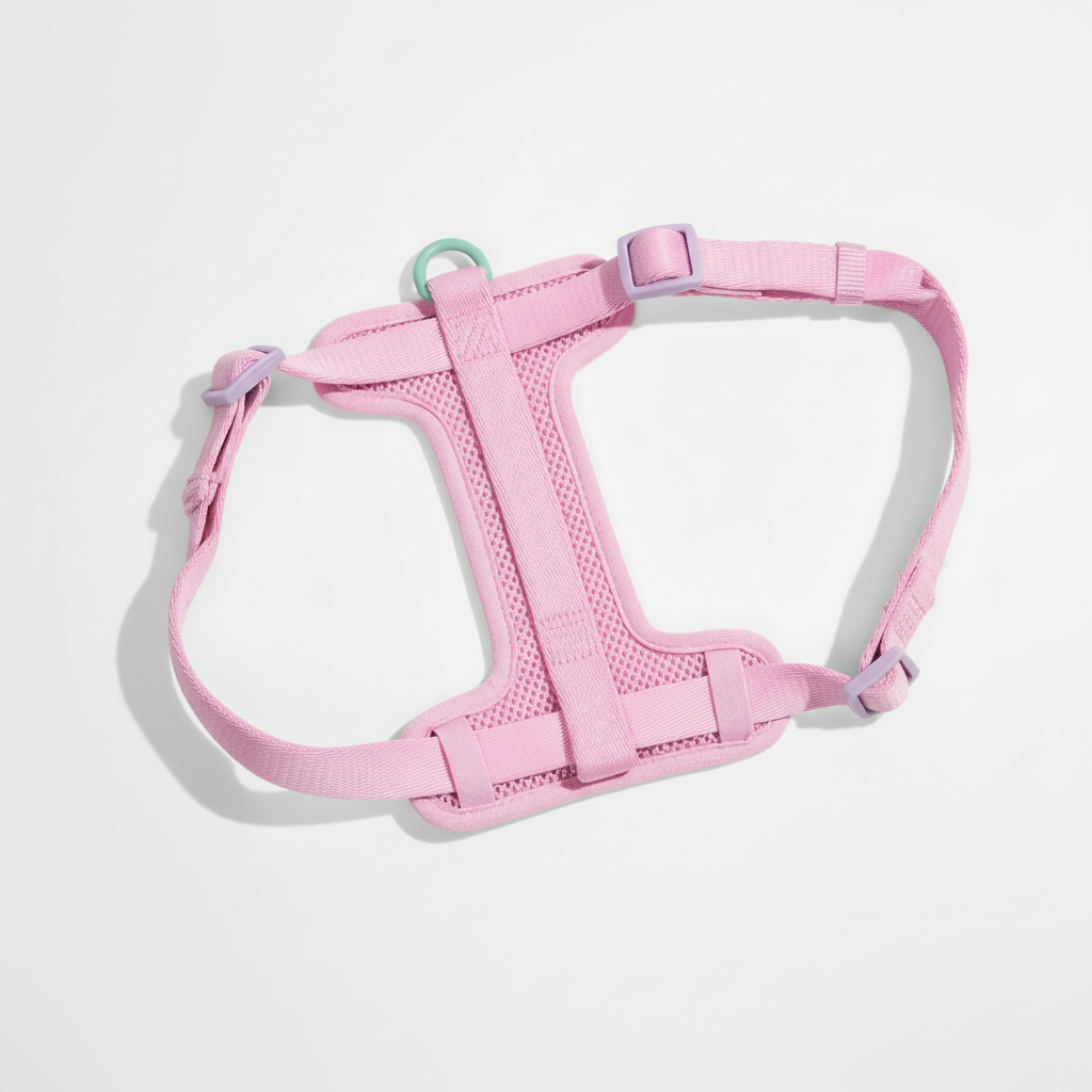 Pink dog harness on a light gray background