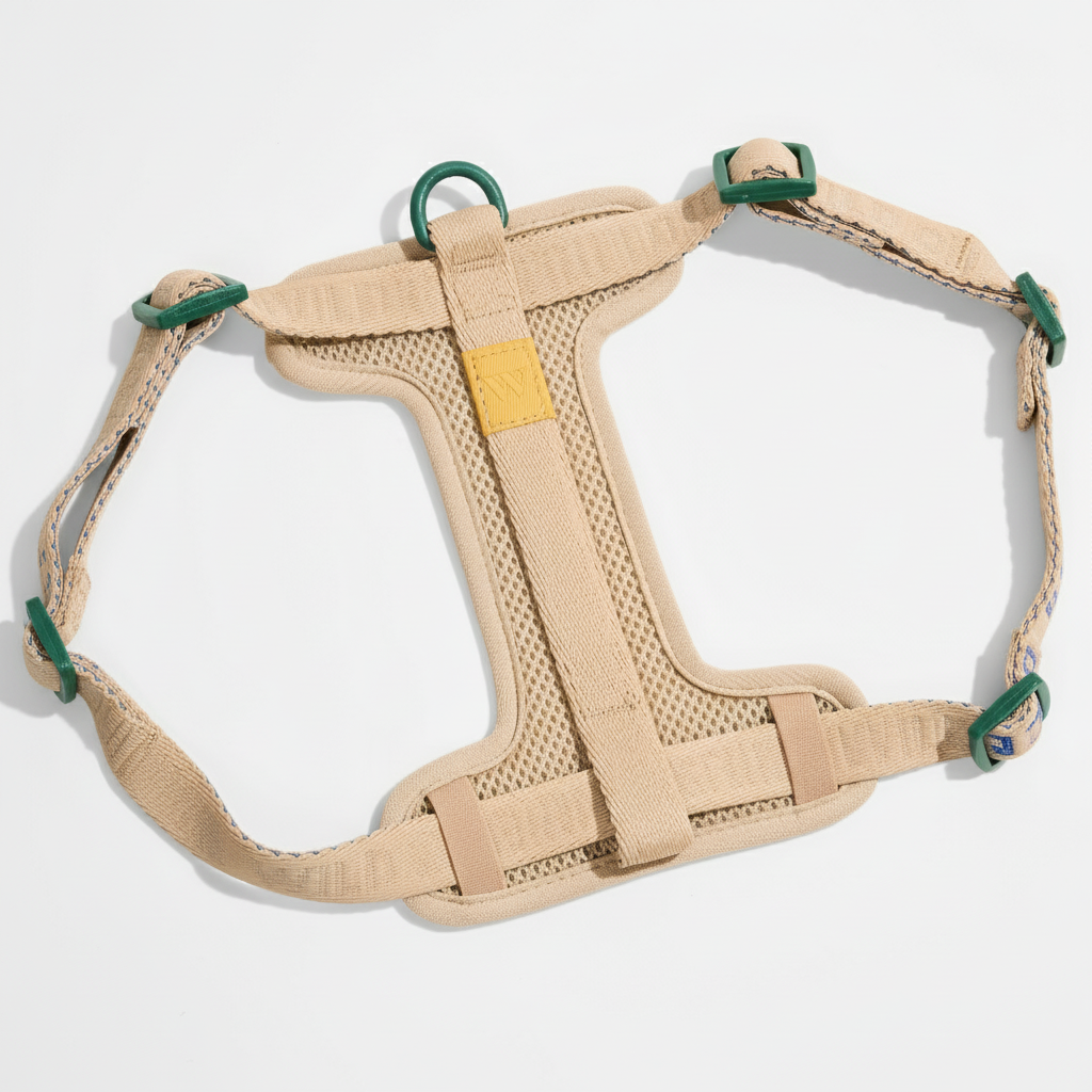 Beige dog harness with green straps on a white background
