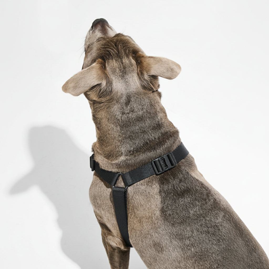 Dog wearing a black harness on a white background