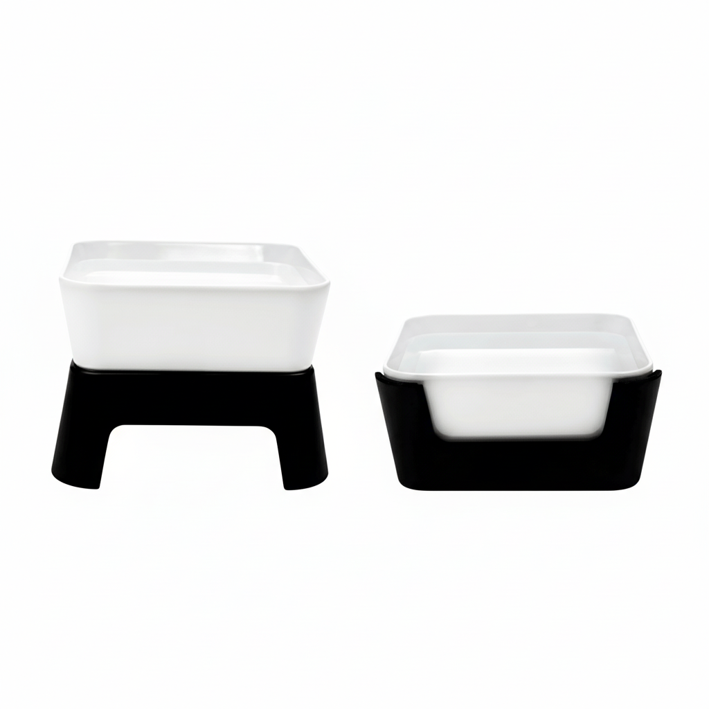 Two white ceramic bowls with black stands on a white background