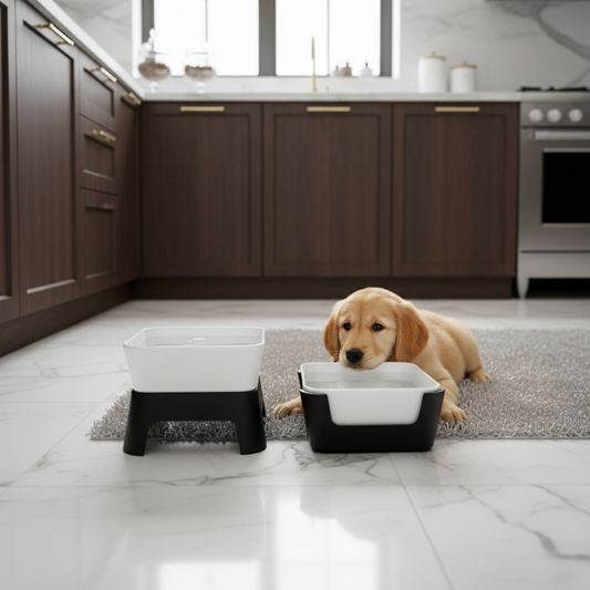 Dog sitting on a rug in a kitchen with elevated dog bowls.