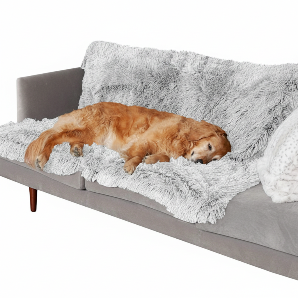 Dog lying on a fluffy gray pet bed with a white background