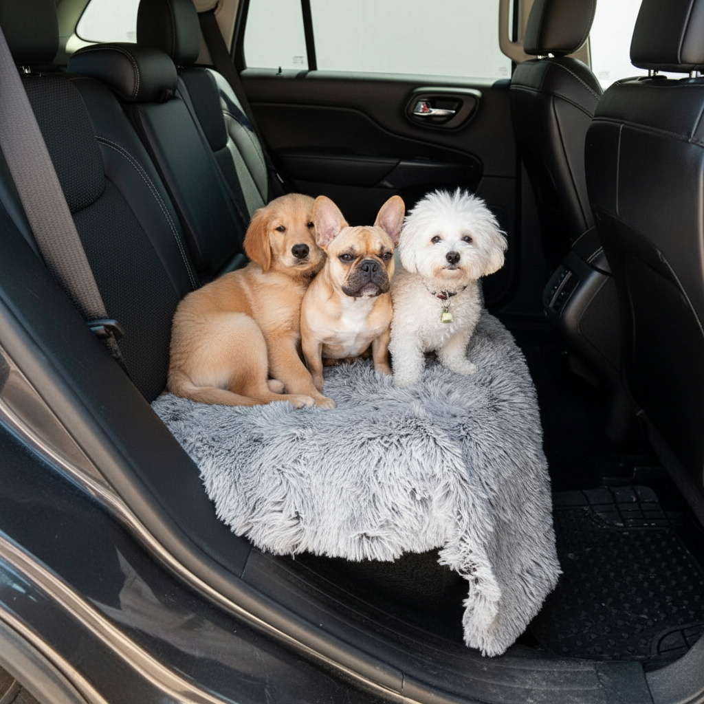 Three puppies sitting on a fluffy blanket in the back of a car.