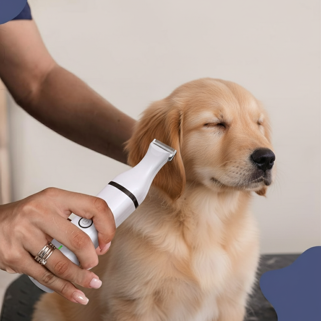 Dog grooming clippers collecting loose fur with adjustable suction settings
