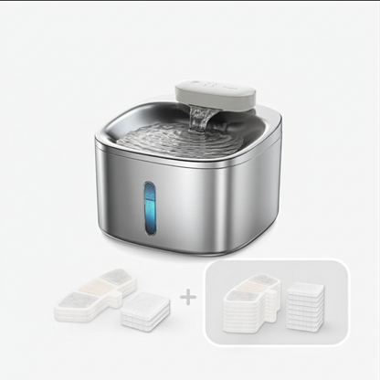 Stainless steel pet water fountain with additional filters on a white background