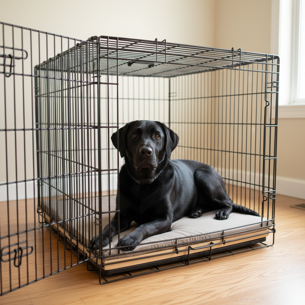 Chew-resistant dog crate pad with waterproof protection - durable gray pad for crate training with black dog resting in the crate