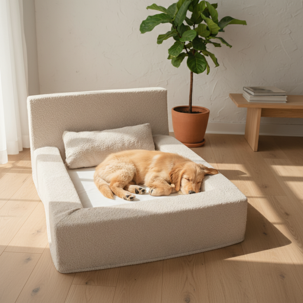 Large dog resting comfortably on premium memory foam bed with washable cover
