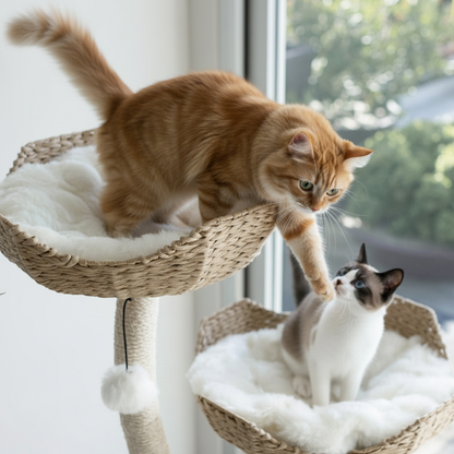 Premium white cat tree detail view - modern cat climbing tower with multiple perches and scratching areas
