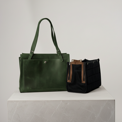 Green leather-style dog travel carrier - mesh ventilation
