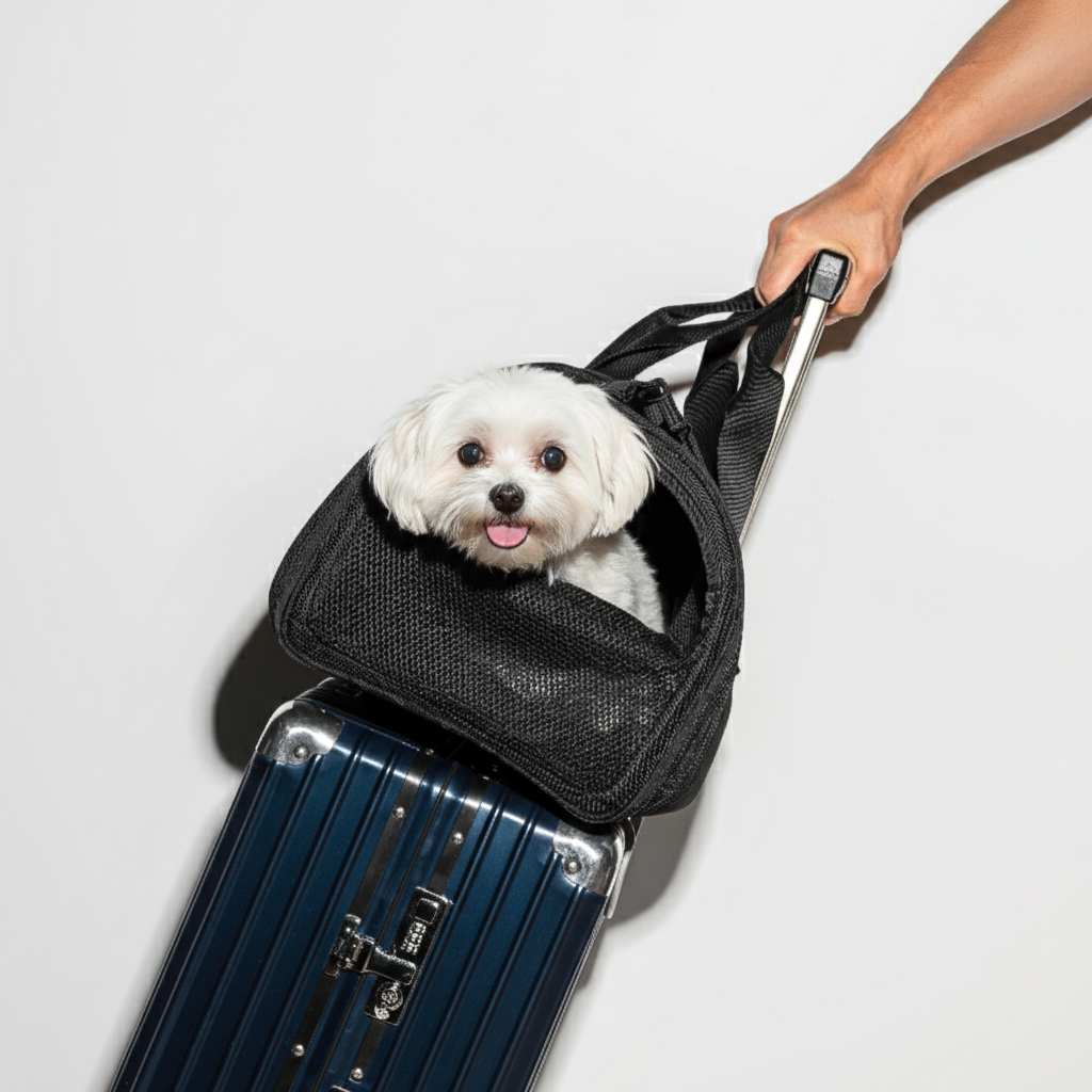 Small white dog in a black pet carrier being held above a blue suitcase on a light gray background