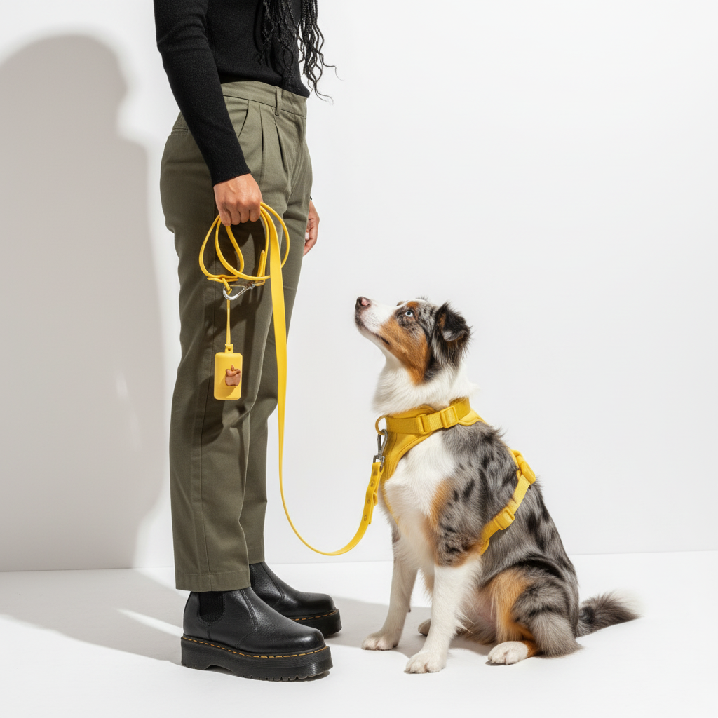 Person holding a dog poop bag holder with dog in photo
