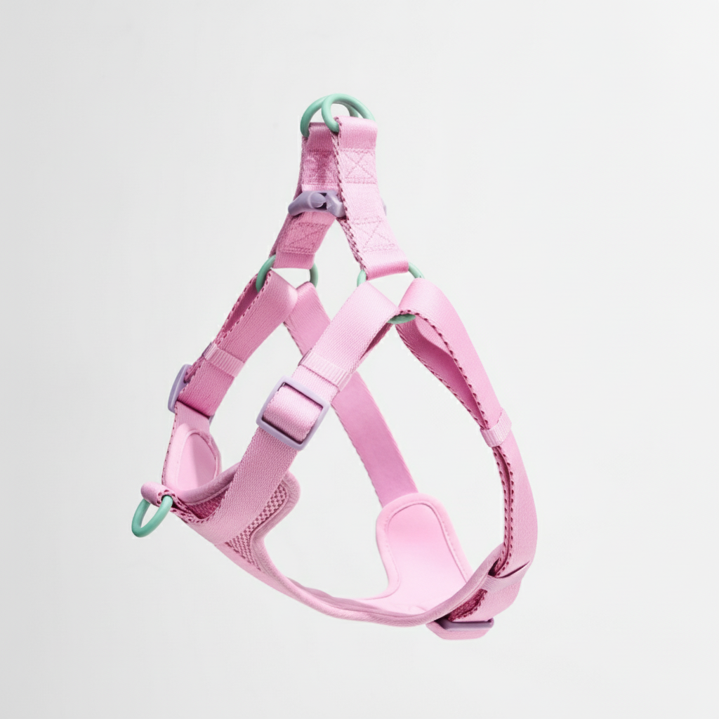 Pink dog harness on a light gray background