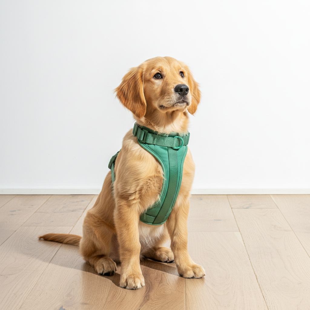 Dog wearing a green harness sitting on a wooden floor with a white wall background