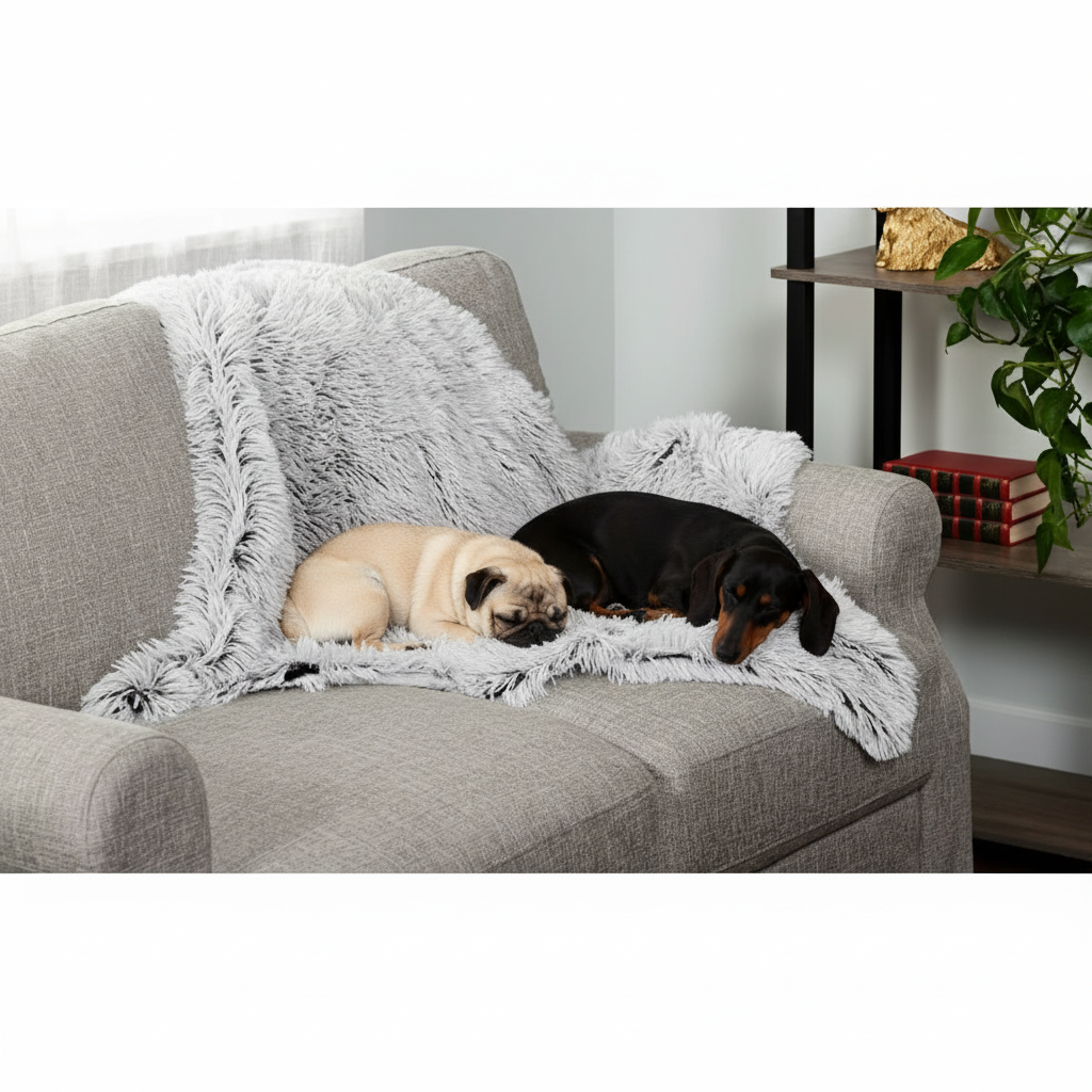 Two dogs sleeping on a gray couch with a fluffy blanket in a cozy living room.
