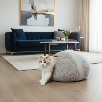 Premium wool felt cat bed - cave style hideaway 20.5 by 10 inches for cats up to 25 lbs